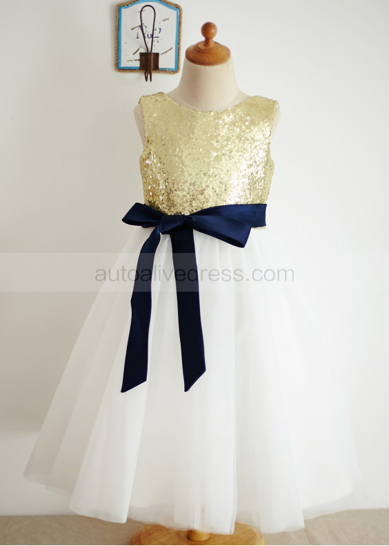 Gold Sequin Ivory Tulle Deep V Back Knee Length Flower Girl Dress 